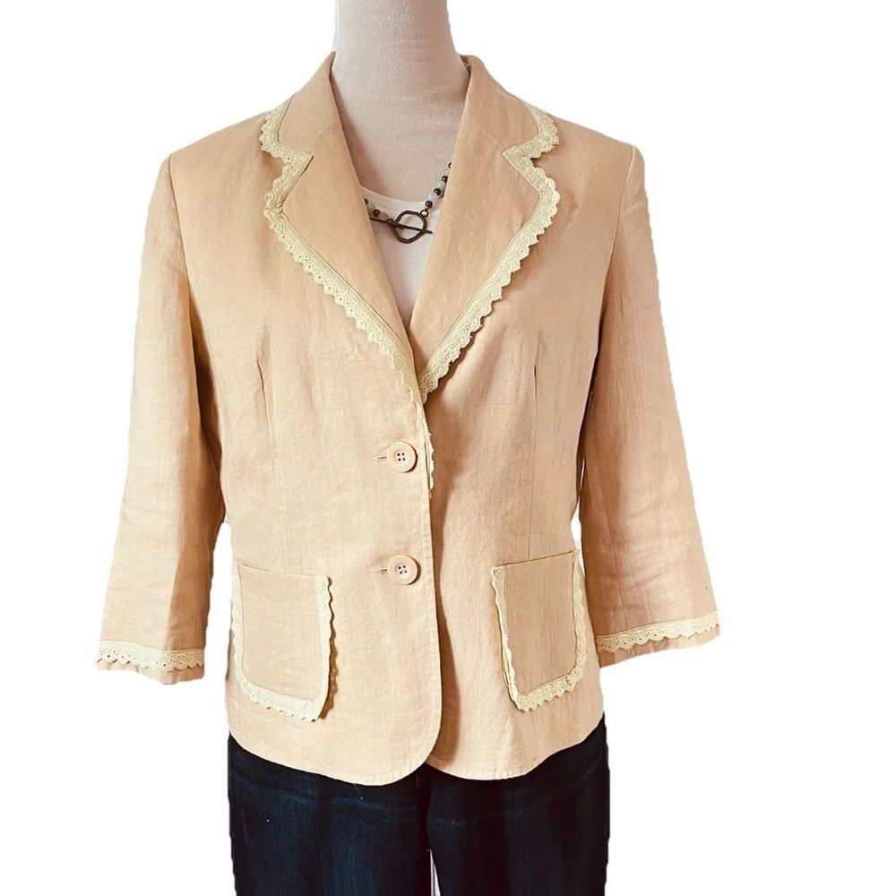 Edward Petite Ecru Linen Jacket PL Cream Lace Trim Patch Pockets Fully Lined